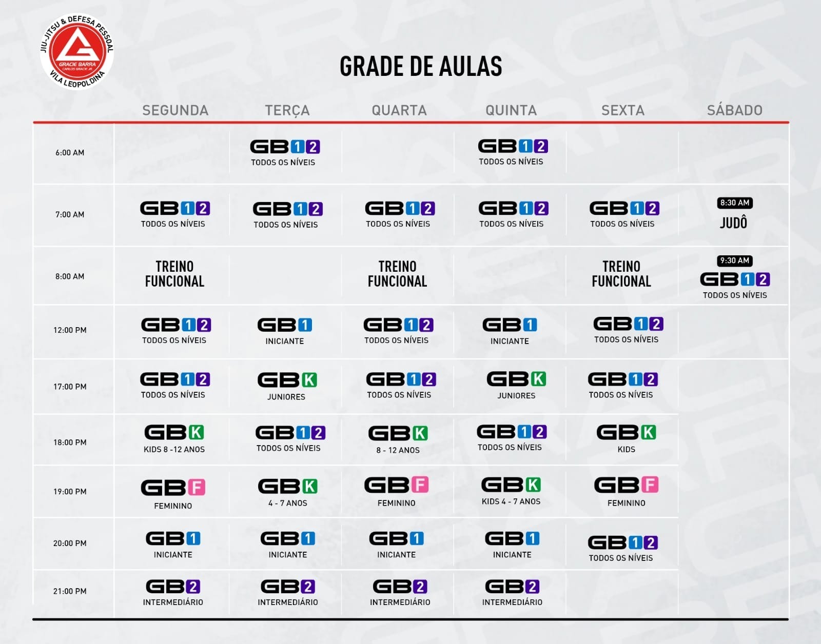 Grade de aulas Gracie Barra Vila Leopoldina